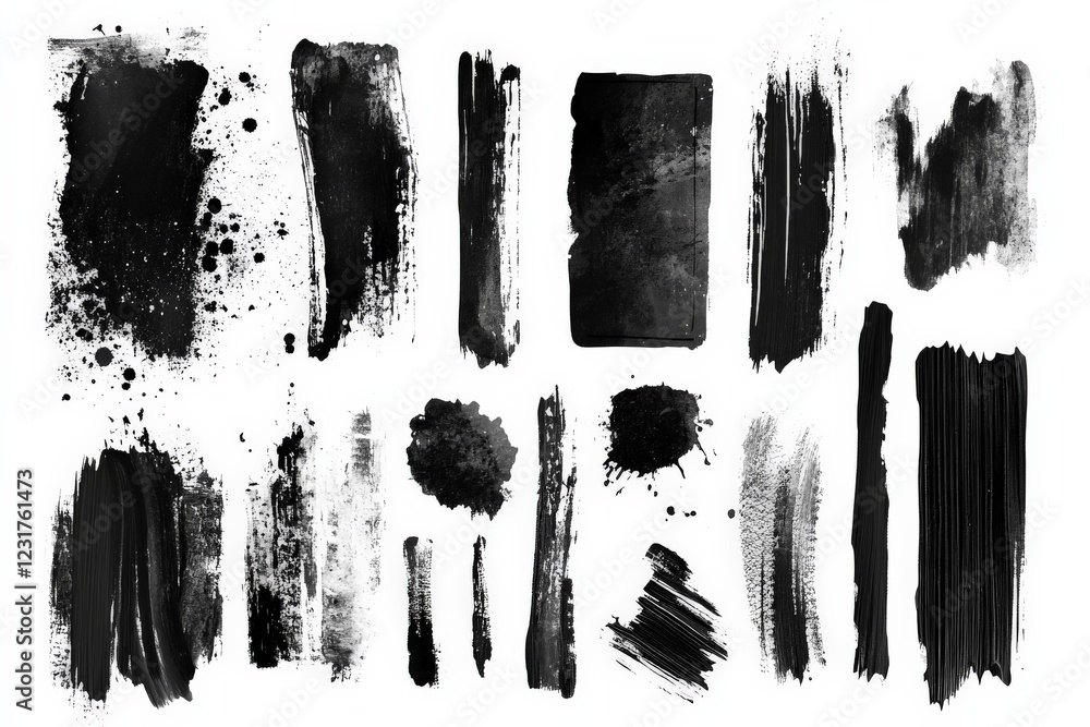 Poster Black paint brush strokes and textures arranged in various patterns for artistic design use