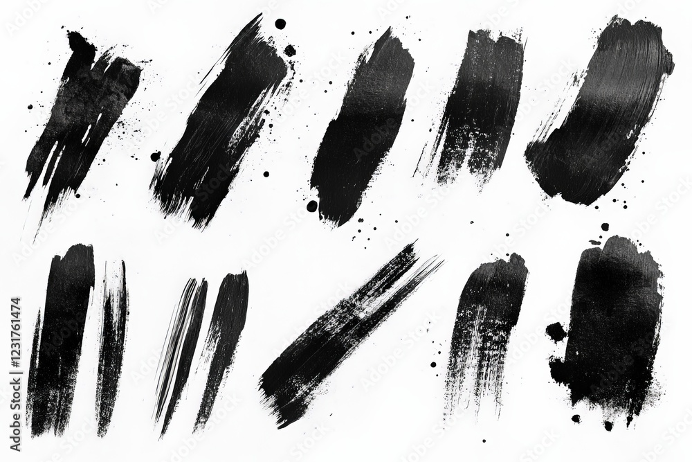 Poster black paint strokes and splashes on a white background showcasing artistic textures and contrasts