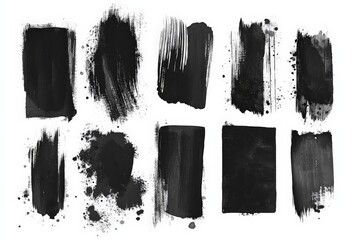 Artistic black paint strokes on white background showcasing various textures and techniques in modern abstract design
