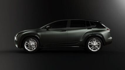 Seitenansicht eines kleinen Crossover PKW in eleganter schwarzer Farbe mit Lichtreflexen