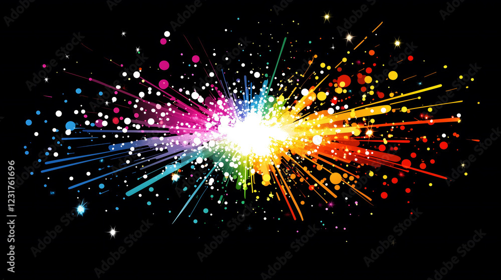 Poster vibrant multicolored sparkle burst with radiant rays illuminating a dark background. generative ai