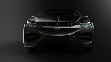 Frontansicht eines kleinen Crossover PKW in eleganter schwarzer Farbe mit Lichtreflexen