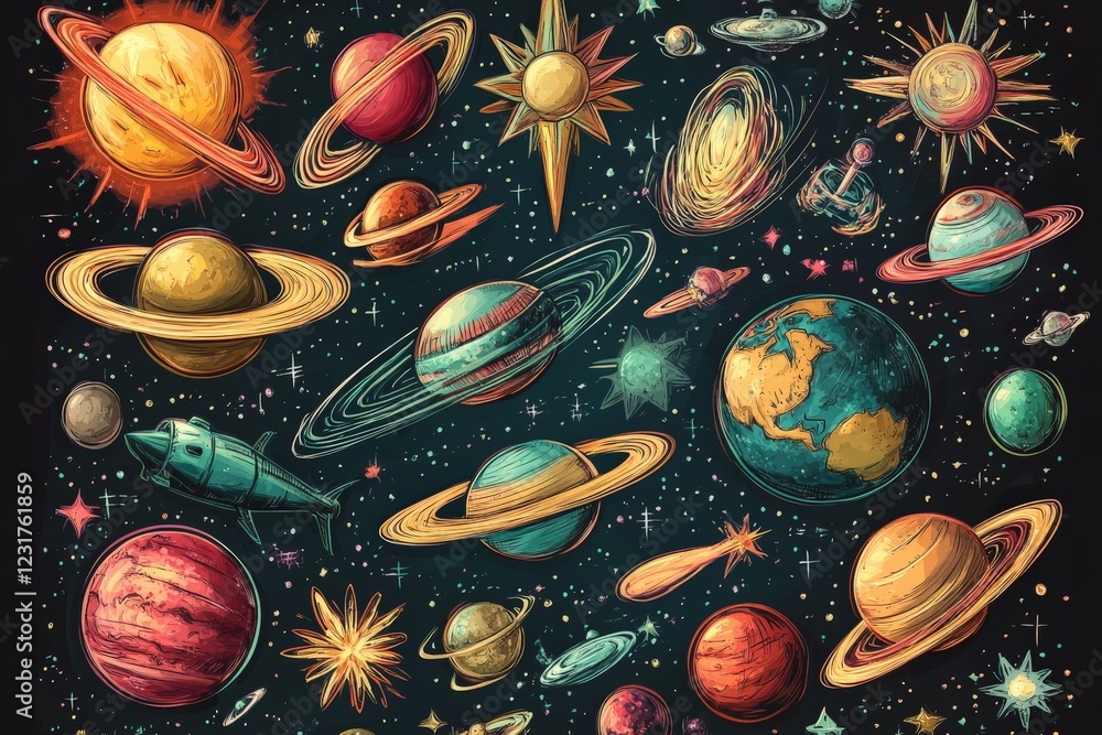 Poster colorful representation of planets and celestial bodies in a vibrant cosmic scene filled with stars 