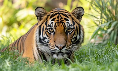 Obraz premium A tiger is laying in the grass with its eyes open