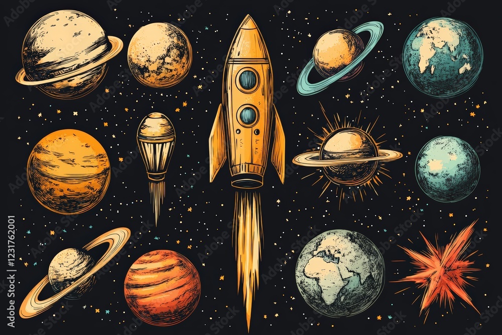 Poster colorful space illustration featuring planets, a rocket, and celestial objects against a dark backgr