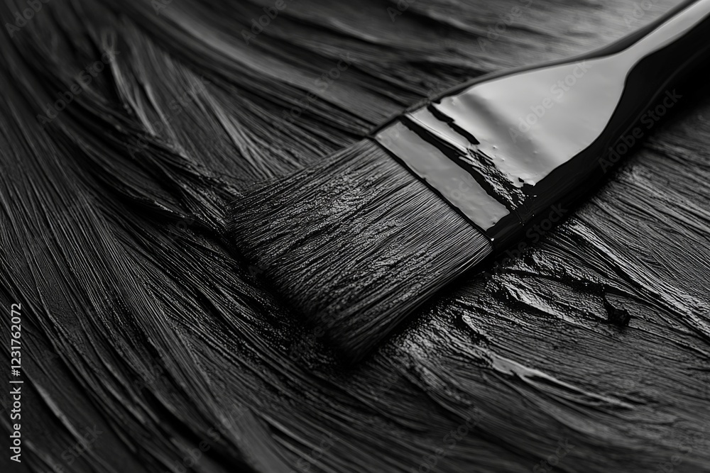 Poster black paint and brush creating texture on canvas in an artistic studio setting