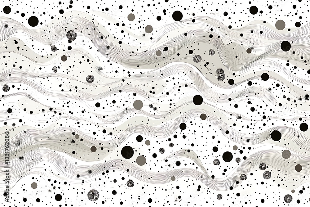 Poster abstract monochrome wave pattern with scattered circles and dots