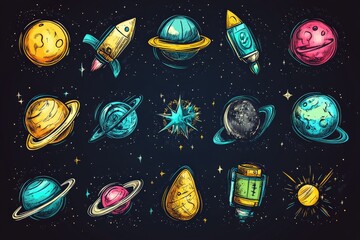 Creative illustration of space elements featuring planets, rockets, and stars in vivid colors and diverse shapes