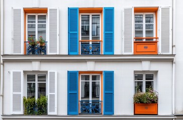 The blue and orange building has a lot of windows and balconies