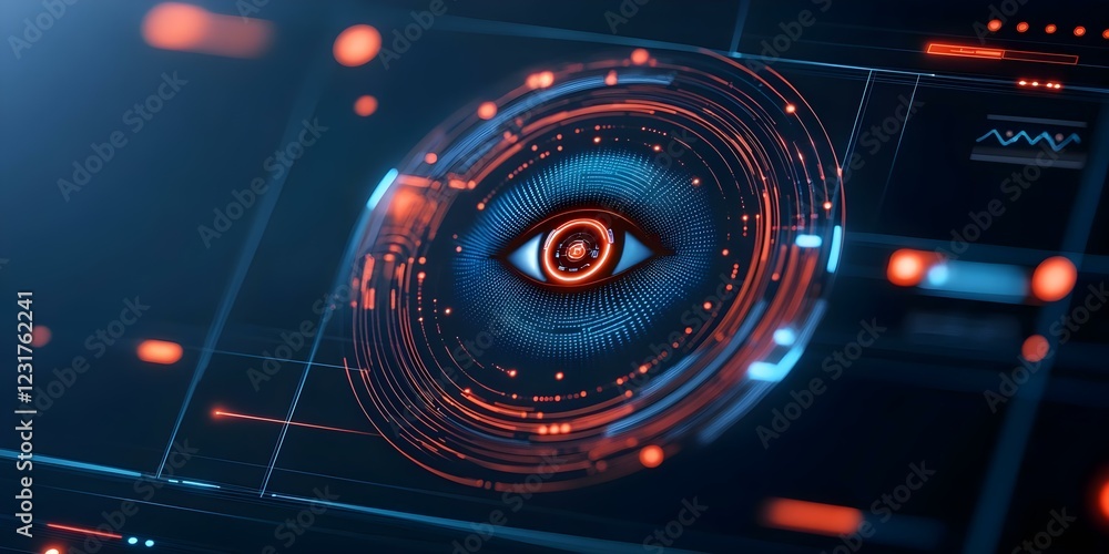Poster a digital eye design with intricate patterns in blue and red, representing technology and surveillan
