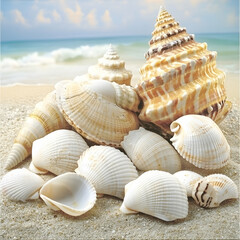 Obraz premium Colorful seashells on sandy beach with ocean waves in background