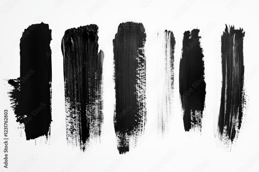 Poster Abstract black brush strokes arranged vertically on a white background showcasing artistic texture and contrast