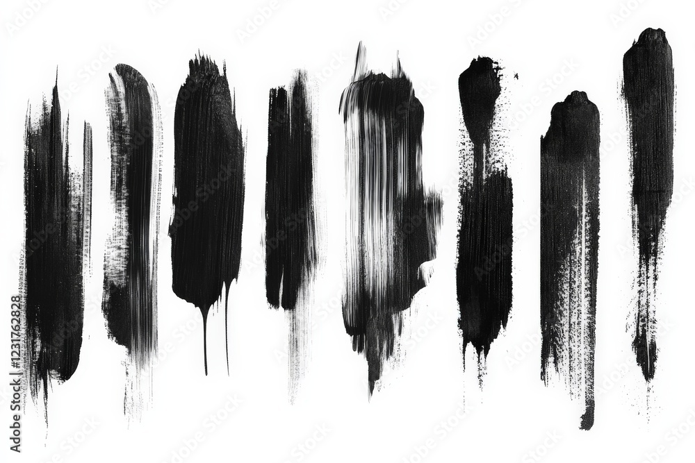 Poster unique abstract art featuring diverse brush strokes in black and white on a clean background