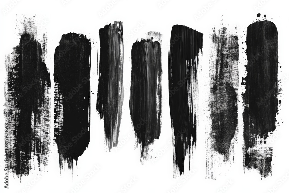 Poster black brush strokes on white background create artistic patterns and textures for creative projects 