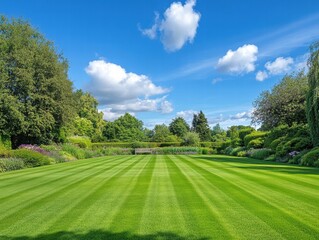 Obraz premium A large, lush green field with a bench in the middle