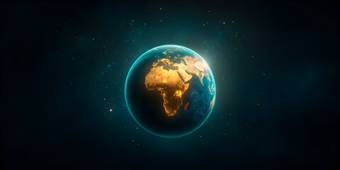 Obraz premium A view of Earth from space, highlighting illuminated areas, particularly Africa, against a backdrop of stars. Concept Earth from Space, Illuminated Africa, Starry Backdrop, Nighttime View