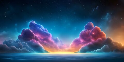 Obraz premium A vibrant sky filled with colorful clouds at sunset, reflecting hues of blue, pink, and orange over a calm ocean. Concept Sunset Skies, Colorful Clouds, Ocean Reflections, Vibrant Hues