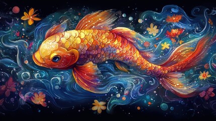Fantasy golden koi fish in a mystical water setting