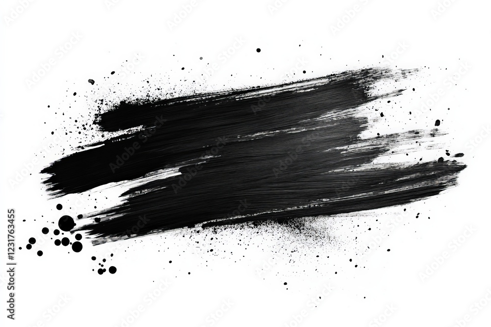 Poster bold black paint streak with splatters on white background showcasing an artistic expression of cont