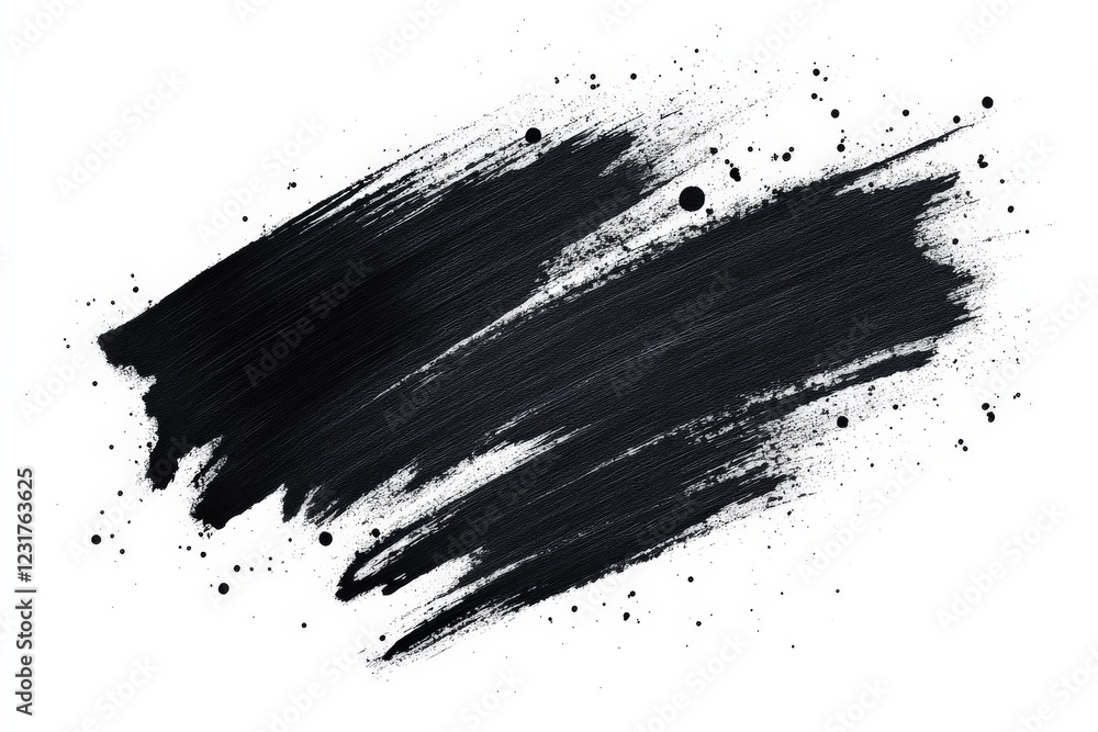 Poster Abstract black paint stroke with splatter on white background showcasing artistic expression and texture