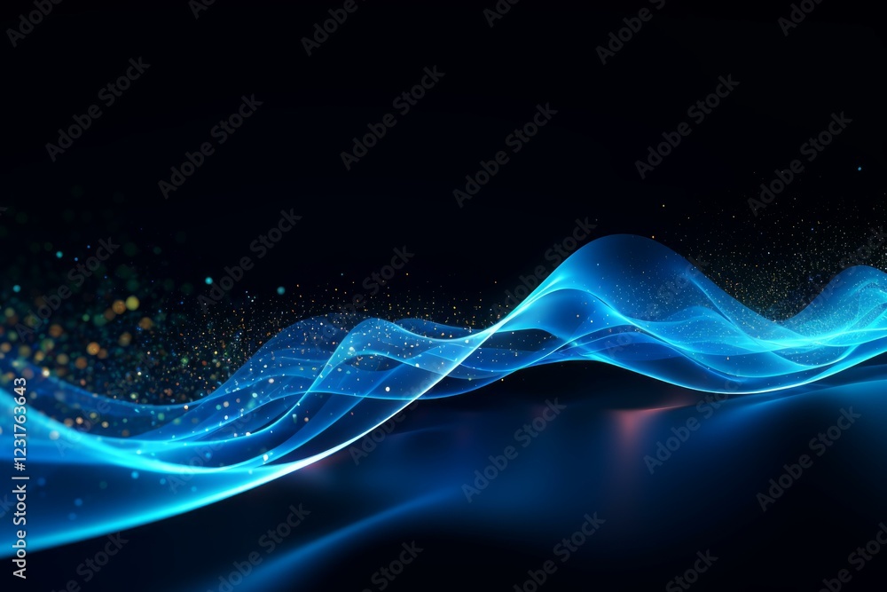 Poster abstract blue light wave flowing on dark background with glitter particles, creating a sense of moti