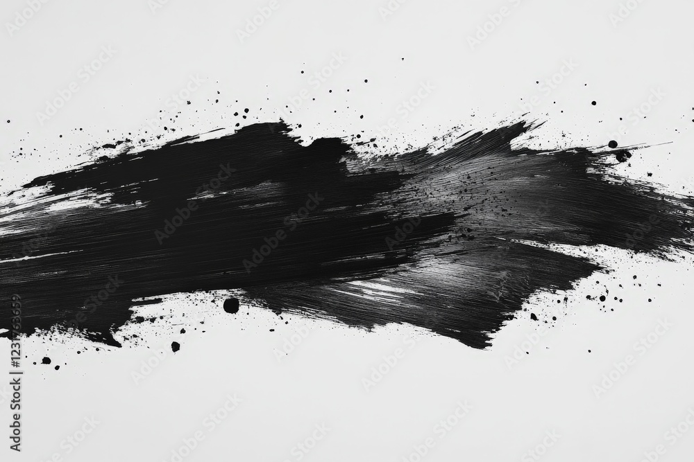 Poster Bold black paint stroke with splatters on white canvas showcasing artistic expression and creativity