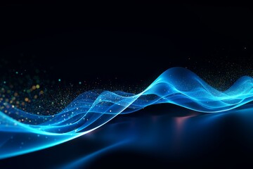 Abstract blue light wave flowing on dark background with glitter particles, creating a sense of motion and energy