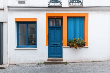 A blue door with orange trim sits in front of a white building