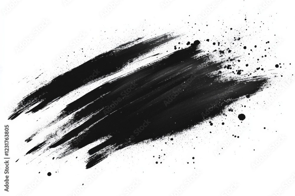 Poster Abstract black paint stroke with splashes and texture on white background
