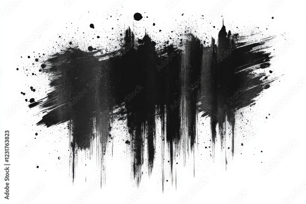 Poster black paint splatter and brush strokes create a dramatic artistic expression on a white background