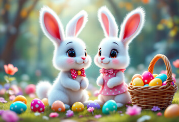 Obraz premium Easter banner of two cartoon Easter bunnies, boy and girl with a basket with Easter eggs. Smiling animals for Easter invitation, card, children's party banner, advertising materials