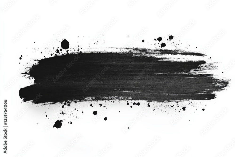 Poster Black paint stroke on a white canvas with splatters creating an artistic expression in a minimalist style