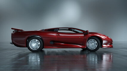 Roter Sportwagen auf spiegelndem Metalluntergrund