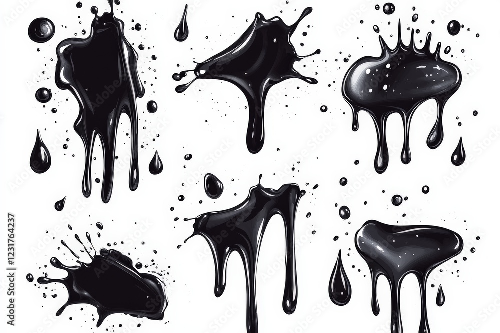 Poster Abstract black paint splashes on white background showcasing dynamic liquid art in various shapes and sizes