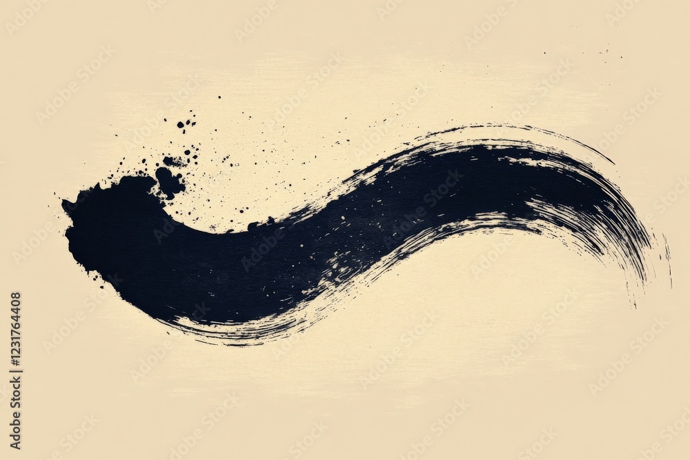 Poster bold black brush stroke creates an abstract design on a light beige background highlighting artistic