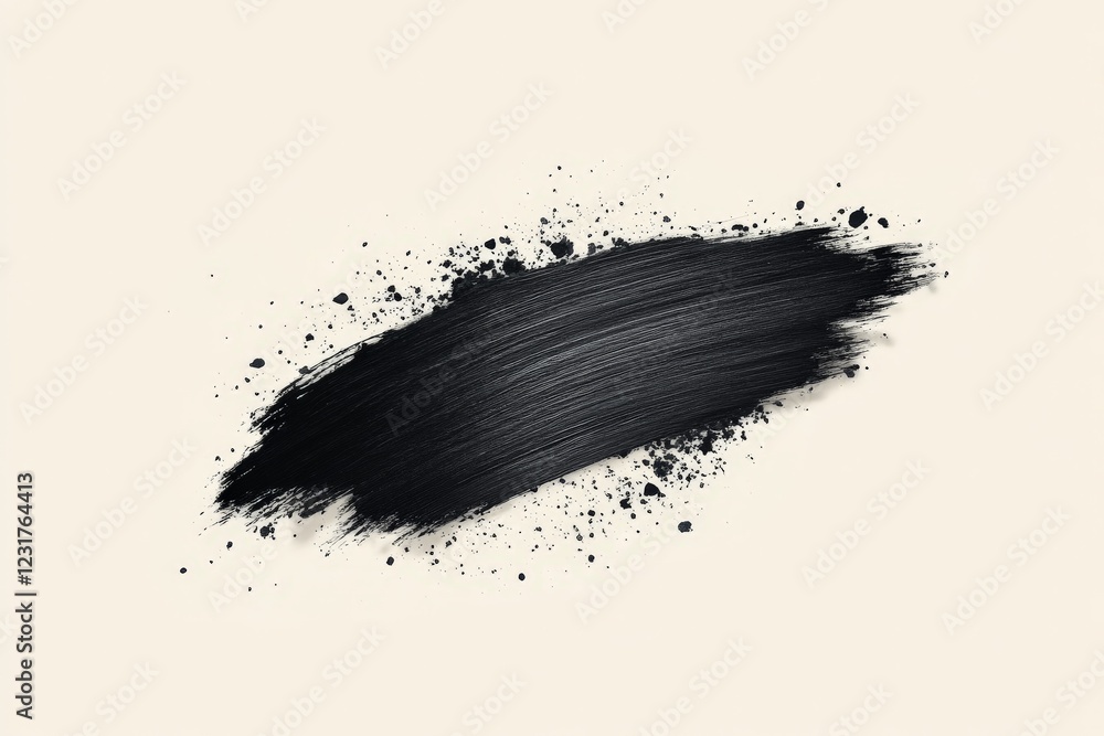 Poster dark paint stroke with splatters on a light background creates a dynamic artistic expression