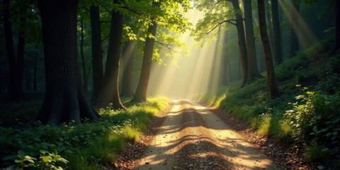 Fototapeta premium Serene Woodland Path Bathed in Golden Sunlight A Mystical Journey Through Nature's Embrace