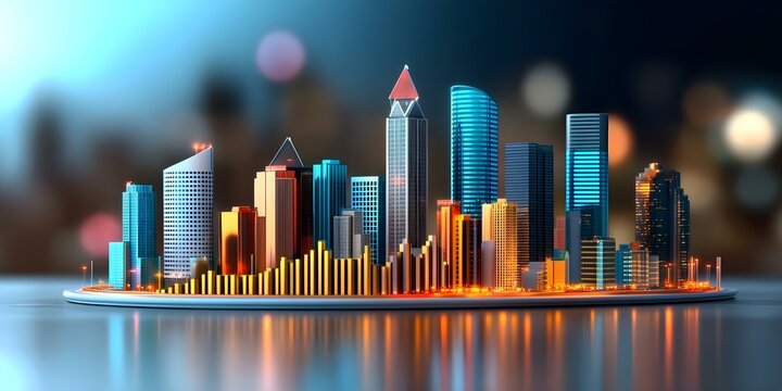 A colorful, stylized city skyline with intricate buildings and a glowing foreground representing data or financial growth. Concept Colorful City Skyline, Stylized Architecture