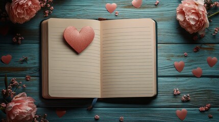 Heart-themed journal design with love prompts for Valentine's Day, soft and elegant