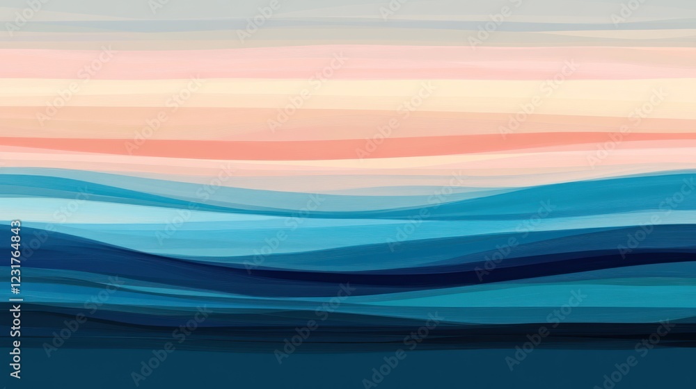 Wall mural Abstract landscape with gentle waves in shades of blue and soft pastel hues.