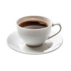 White ceramic cup filled with hot coffee on a matching saucer, isolated on a white background, ideal for cafe or breakfast themes.