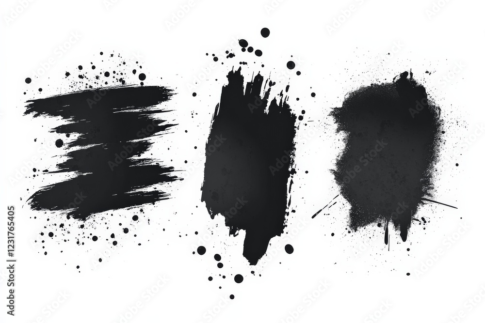 Poster Black paint splashes and strokes displayed on a white background showcasing texture and artistic expression