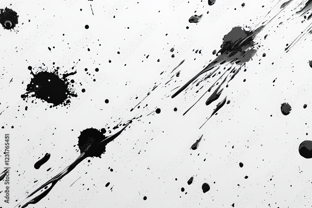 Fototapete Artistic black ink splatters create dynamic patterns on a white background, expressing creativity and motion