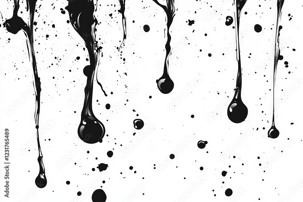 Poster dripping black paint creates a striking abstract texture on a white background in a creative workspa