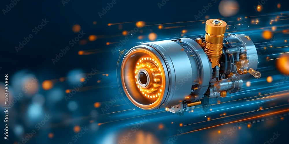 Poster a modern jet engine design with dynamic lighting effects and streamlined elements, showcasing advanc
