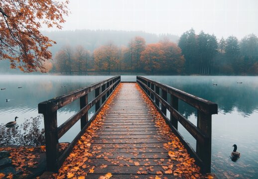 A wooden bridge over a lake with autumn leaves on the ground