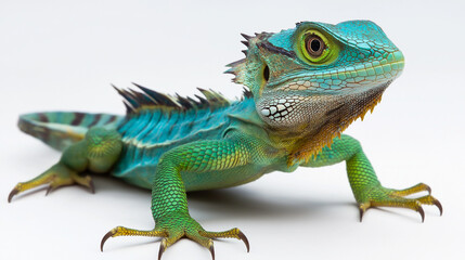 Obraz premium Vibrant green iguana with detailed scales on white background. Ideal for exotic pet care, reptile education, and wildlife conservation materials.