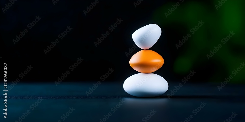 Poster a stack of three eggs in white and one in orange, balanced on a dark surface with a blurred backgrou