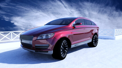 Roter SUV im südlichen Flair vor blauem Himmel