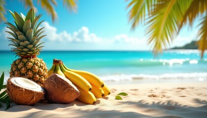 Obraz premium Tropical Beach Scene Pineapple Bananas Coconut on White Sand